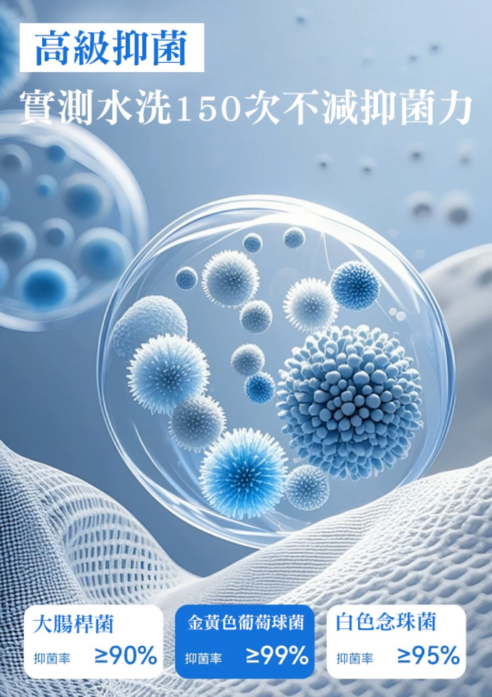高級抑菌,實測水洗150次不減效力
