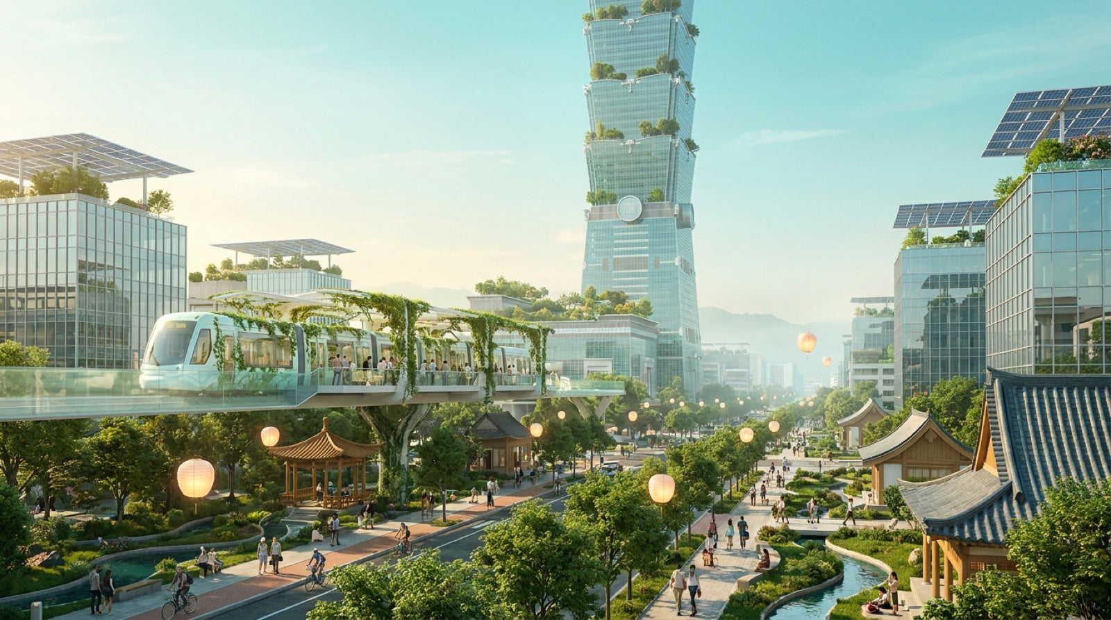 融合台灣文化與未來科技的綠色城市願景，101大樓化身垂直花園，輕軌穿梭於林蔭之間